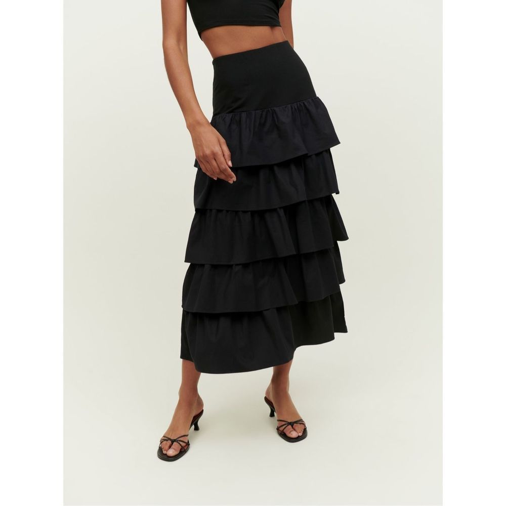 NWT Reformation Women's Ziggy Midi Skirt Tiered Ruffle Relaxed Fit Black Size XL